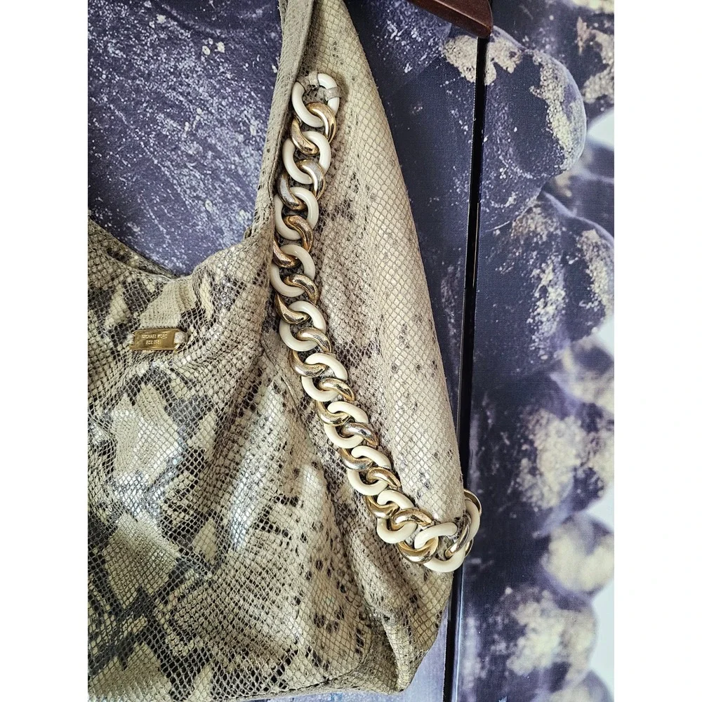 Michael Kors Snakeskin Embossed Leather Hobo Bag Gold Chain Link Beige Brown
